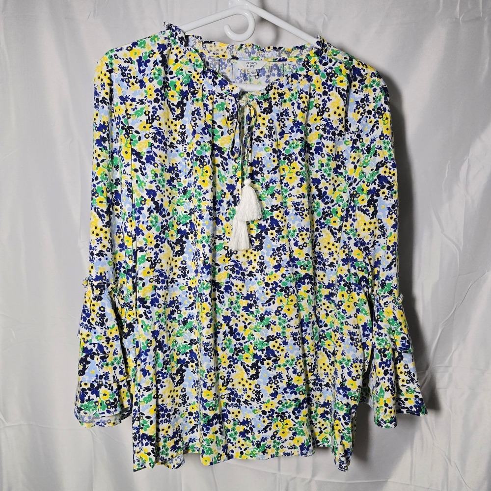 Crown & Ivy Womens Large Floral Blouse Bell Sleeve Top cottage whimsy coquette